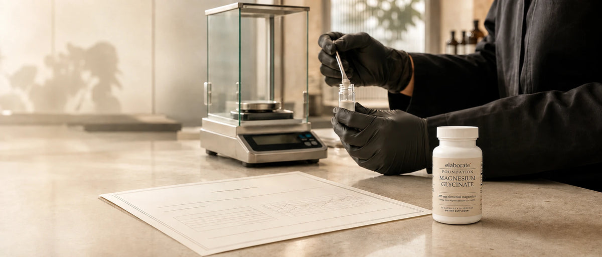 Lab technician measuring an exact dose of Elaborate Foundation Magnesium Glycinate