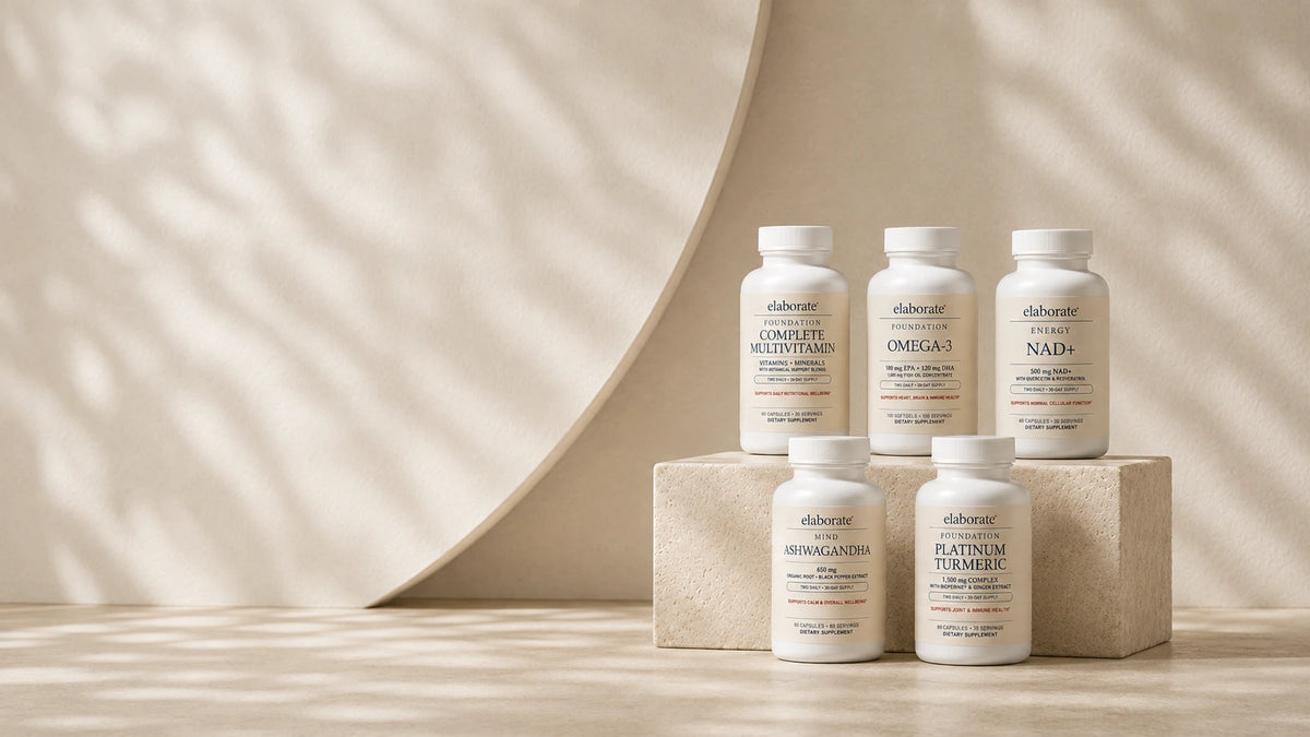 Five Elaborate Nutrition bottles grouped together