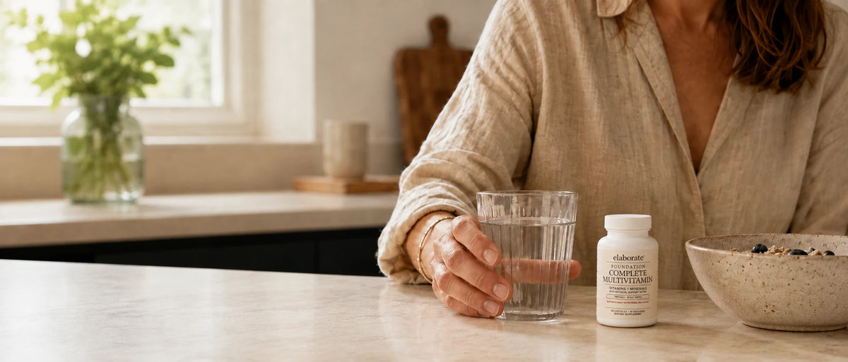 Woman in kitchen reaching for water beside Elaborate Foundation Multivitamin