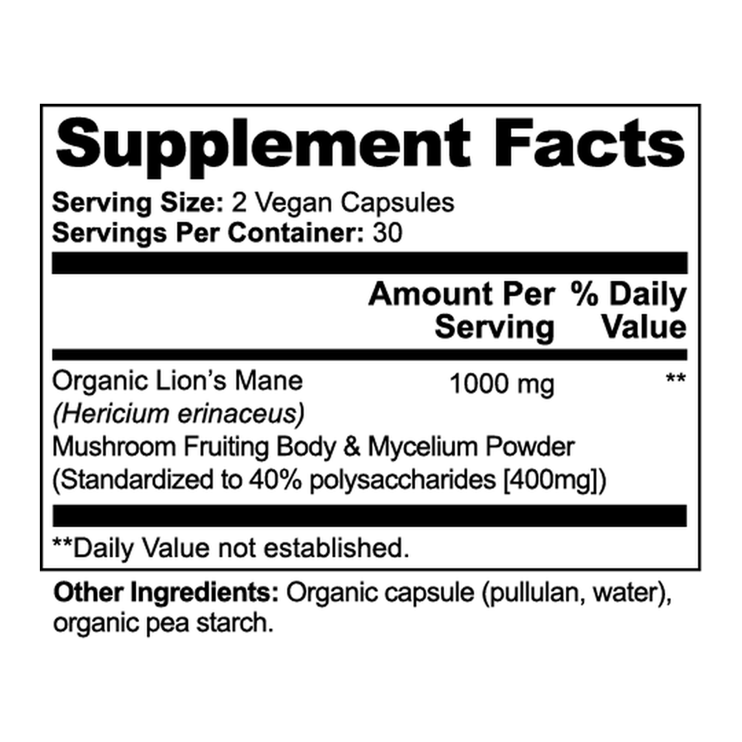 Lion's Mane Mushroom supplement facts label