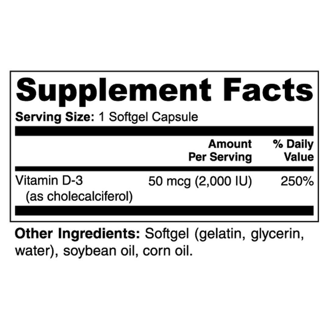 Vitamin D3 2,000 IU supplement facts label
